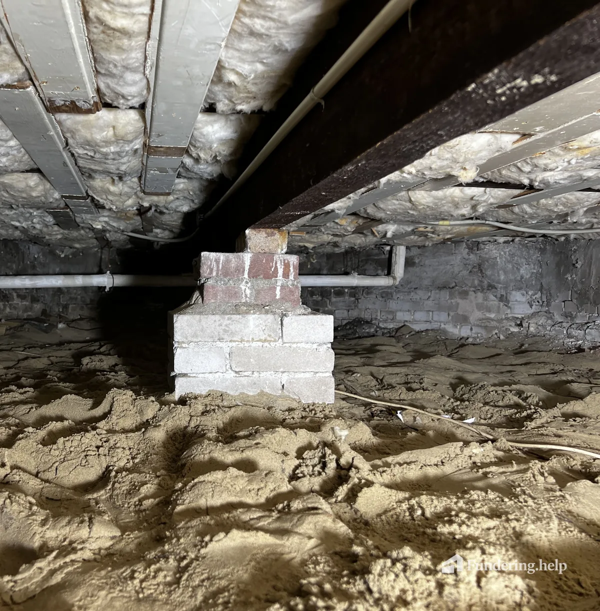 Gemetselde poer in een kruipruimte die de woning draagt op een zandbodem, een typische fundering op staal