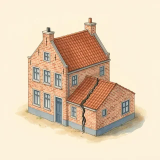 Geïllustreerd Nederlands huis met lagere aanbouw die wegzakt, met duidelijke verticale scheur op de aansluiting tussen hoofdhuis en aanbouw