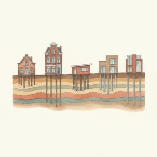 Tijdlijn van vijf Nederlandse woningen per bouwperiode met hun typische funderingen, van houten palen tot moderne betonpalen