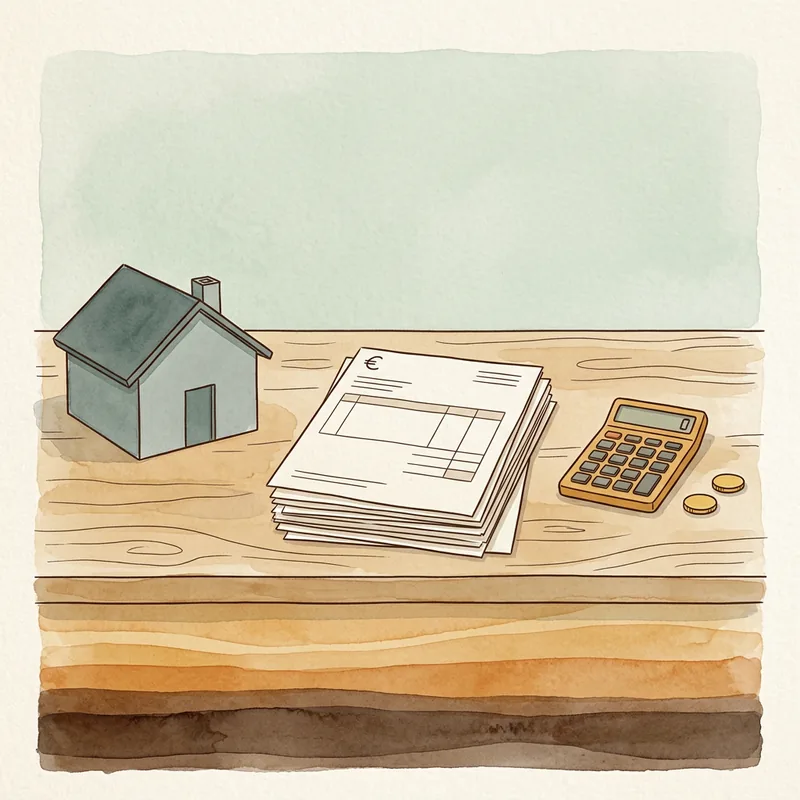 Illustratie van een huis met documenten en rekenmachine