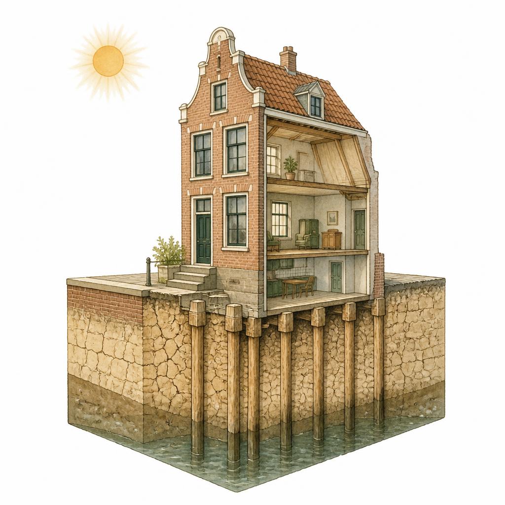Doorsnede van een Nederlandse woning met houten paalfundering en een gedaalde grondwaterstand