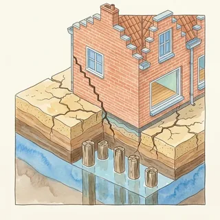 Doorsnede vooroorlogse Nederlandse rijwoning met houten paalfundering, dalende grondwaterstand en zakkend veenmaaiveld – illustratie van de drie hoofdoorzaken van funderingsschade