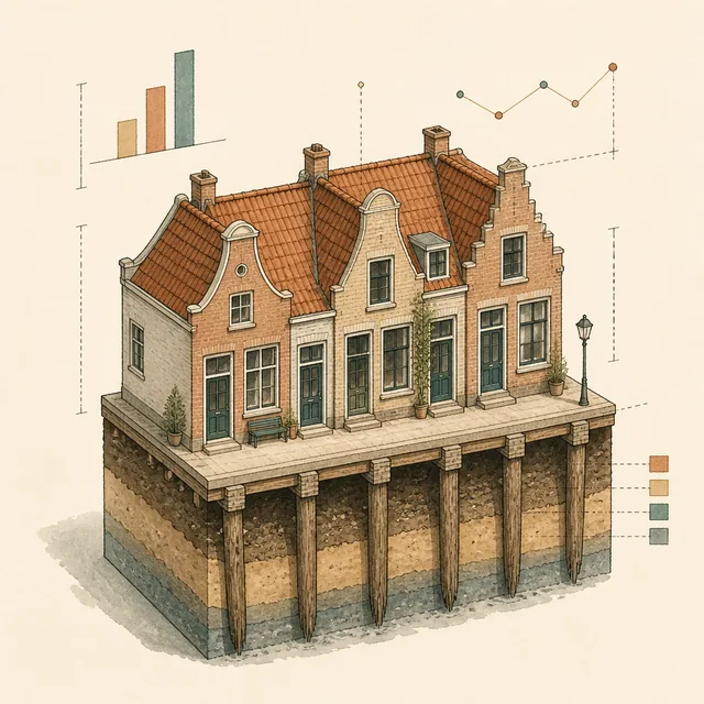 Isometrische illustratie van Nederlandse rijtjeswoningen op houten palen met een doorsnede van de bodemlagen en eenvoudige grafieklijnen ernaast