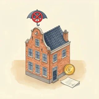 Geïllustreerd Nederlands grachtenpand met een doorgekruiste verzekeringsparaplu, euromunt en contract — symbool voor uitgesloten dekking en financiering