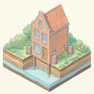 Nederlandse woning met preventieve maatregelen: regentonnen, groene tuin en een gezond grondwaterpeil