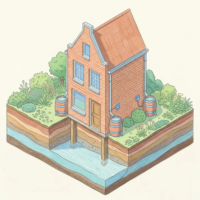 Woning met een eigenaar die een scheur in de gevel meet en de grondwaterstand controleert