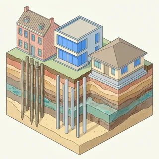 Overzicht van drie Nederlandse funderingstypen: houten palen, betonpalen en fundering op staal