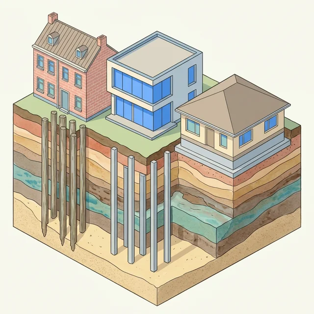Overzicht van drie Nederlandse funderingstypen: houten palen, betonpalen en fundering op staal