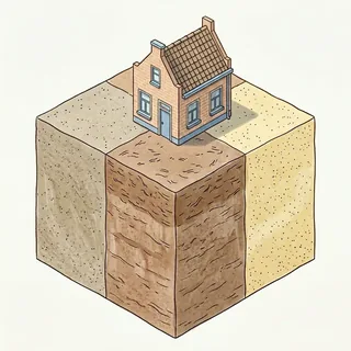 Drie bodemkolommen klei, veen en zand met een huisje erop