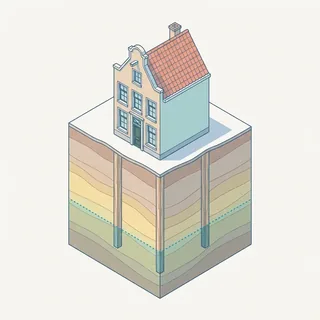 Doorsnede van bodemlagen met dalende grondwaterspiegel en houten paalkop die boven water uitsteekt – schematische weergave van droogstand bij Nederlandse paalfundering