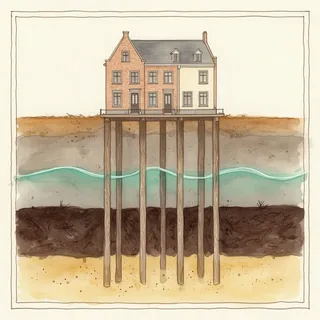 Doorsnede van een Nederlandse woning op houten heipalen door slappe grondlagen tot in de zandlaag