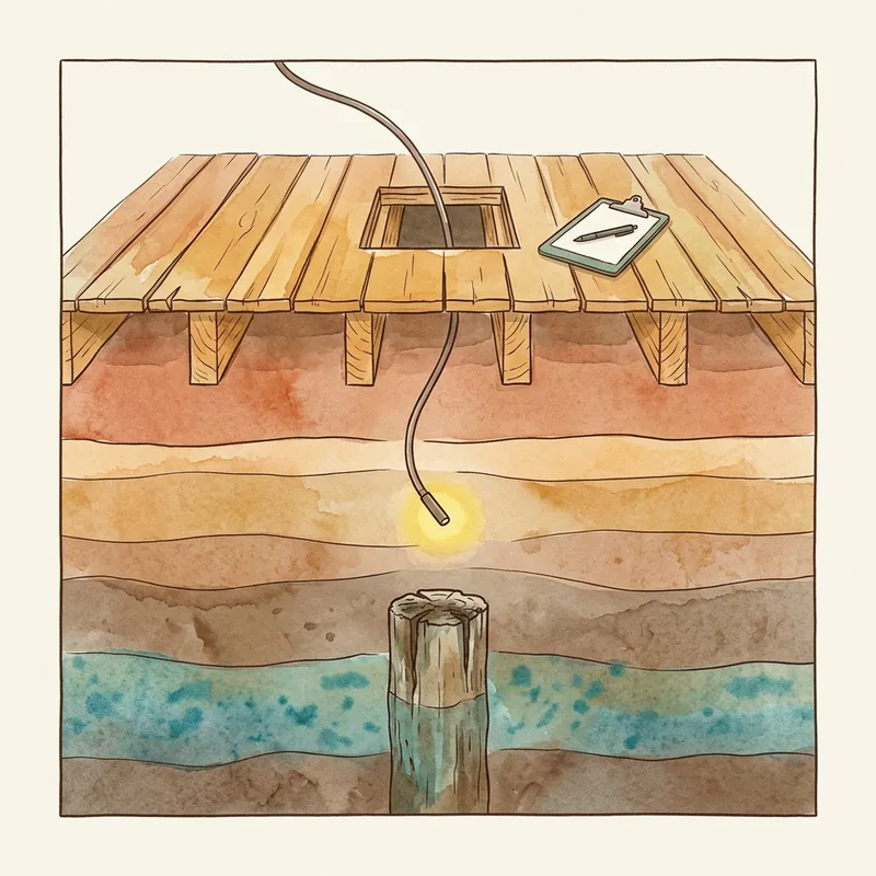 Illustratie van kruipruimte-inspectie met camera en klembord