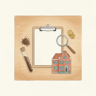 Bureau met klembord, vergrootglas, euromunten, een Nederlands grachtenpand en een grondmonster