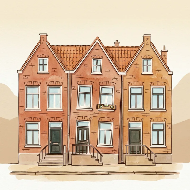 Twee aangrenzende rijwoningen met zichtbaar hoogteverschil en waterpas