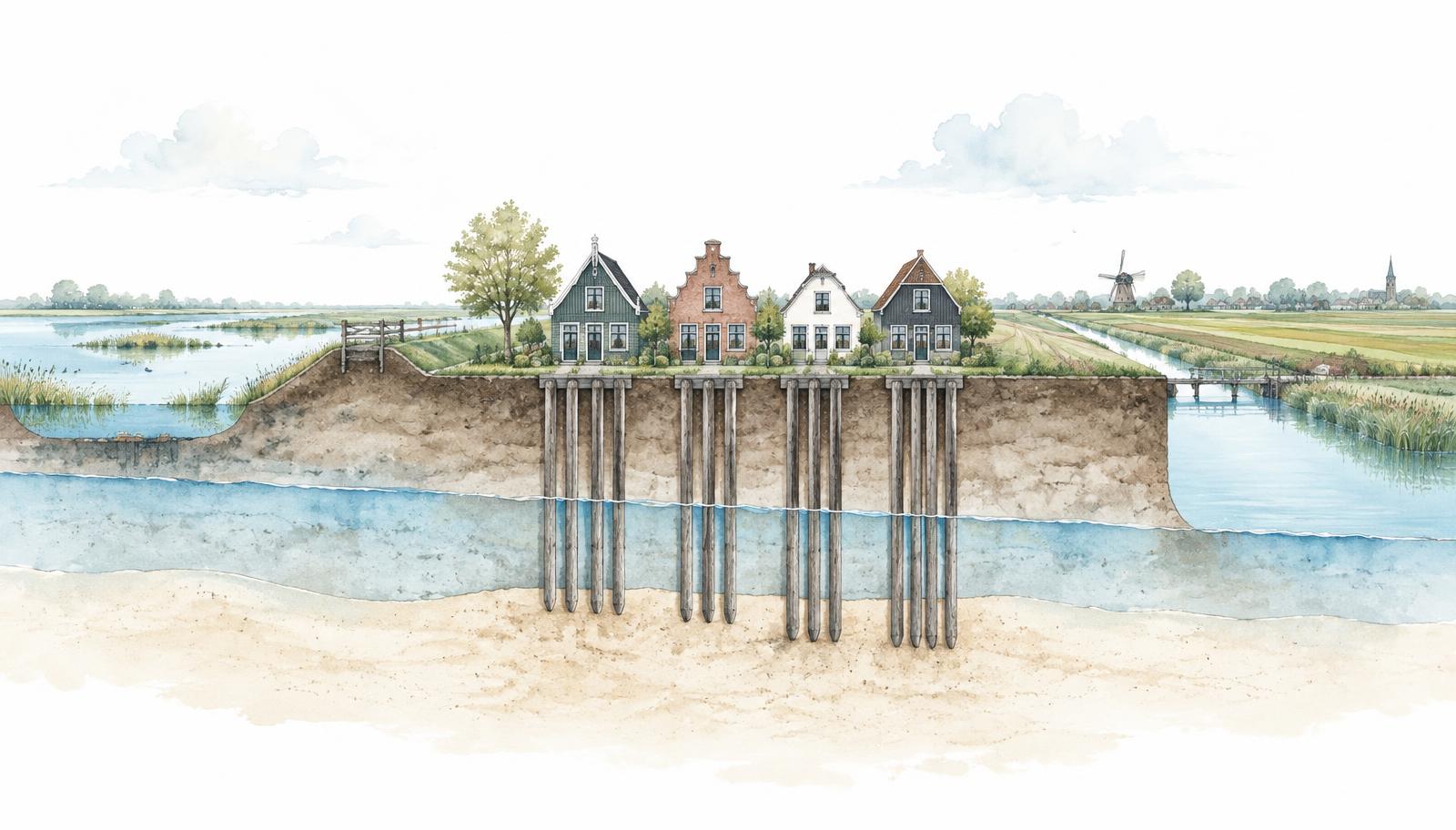 Aquarel van een Noord-Hollandse polder met woningen op houten paalfunderingen, een gedaalde grondwaterlijn en een waterbergingsgebied naast de dijk