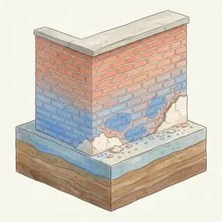 Doorsnede van een bakstenen muur met optrekkend vocht uit de bodem
