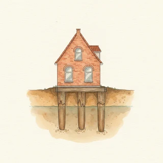 Doorsnede van een woning met houten palen en een gedaalde grondwaterstand die de paalkoppen blootlegt