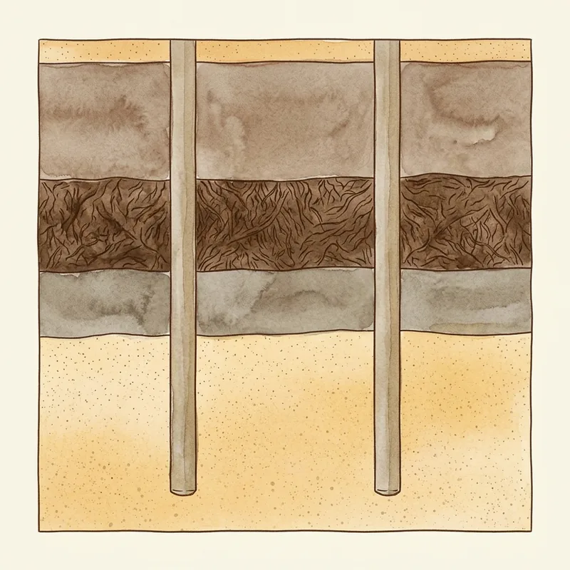 Doorsnede van een huis met heipalen door grondlagen