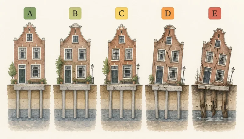 Vijf grachtenpanden met funderingsdoorsnede, van klasse A met gave betonpalen tot klasse E met verrotte houten palen en een scheefgezakte gevel