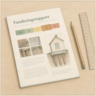 Illustratie van een funderingsrapport met een indicatieve risicoschaal A tot en met E, met label D geselecteerd
