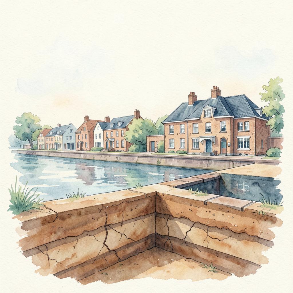 Rivierlandschap met woningen op rivierklei en een doorsnede van een uitgedroogde kleibodem onder een strookfundering