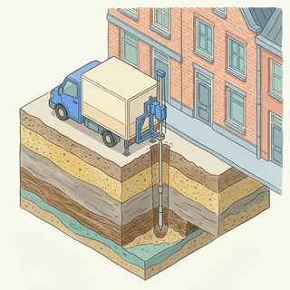 Sondeerwagen die een conus de grond in drukt langs een Nederlandse rijwoning