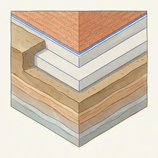 Doorsnede van een doorlopende strookfundering onder een gemetselde muur