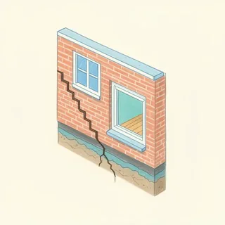 Illustratie van een gevel met trapsgewijze scheur en vervormde kozijnen als signalen van funderingsschade