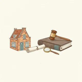 Klein bakstenen huis naast een wetboek met houten hamer, bouwtekening en vergrootglas, als symbool van juridische plicht