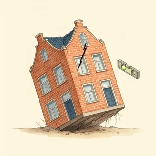 Geïllustreerd Nederlands grachtenpand dat licht scheef zakt, met scheur boven het raam en een waterpas ernaast