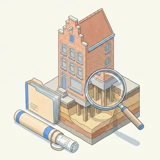 Vergrootglas boven een Nederlandse rijwoning met archiefmap en bouwtekening om het funderingstype te achterhalen