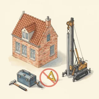 Geïllustreerd huis met doorgestreepte doe-het-zelf gereedschapskist naast een professionele heistelling en waarschuwingsdriehoek