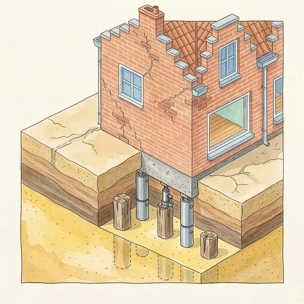 Nieuwe stalen buispalen en een betonbalk die de woning dragen tijdens funderingsherstel.